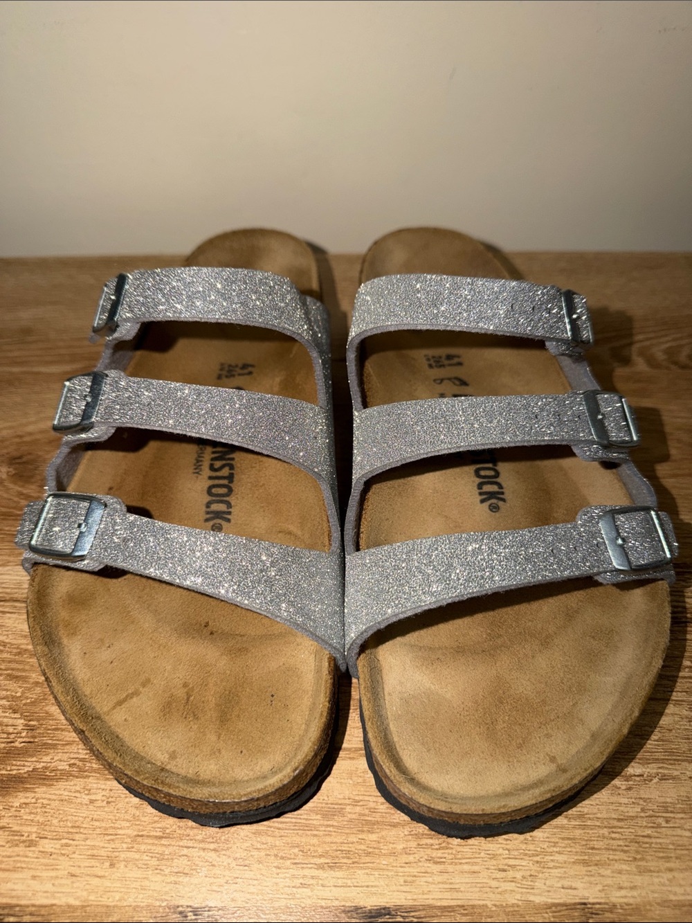 Birkenstock Women Silver Glitter Triple-Strap Sandals